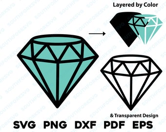 May include: A black and white outline of a diamond with a teal blue fill. The diamond is layered by color, with the black outline and teal blue fill separated into two layers.
