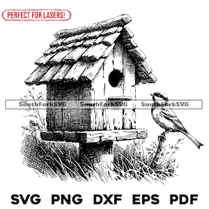 May include: Black and white line art illustration of a birdhouse with a bird perched on the edge. The birdhouse has a shingled roof and a small opening for the bird to enter. The bird is facing the right side of the image.