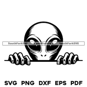 May include: Black and white illustration of an alien peeking over a surface with its hands on the edge. The alien has large eyes and a small mouth.