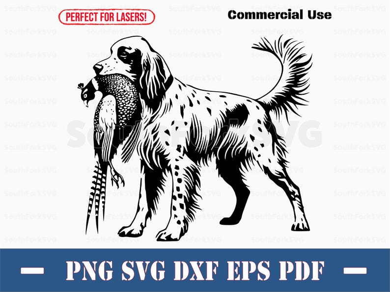 May include: Black and white illustration of a hunting dog with a pheasant in its mouth. The dog is standing with its tail raised and its head tilted to the side. The pheasant is facing the dog's mouth.