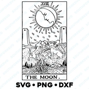 La carta del Tarot de la Luna Arcanos Mayores Rider Waite Deck SVG PNG DXF Fondo transparente / Imagen de diseño gráfico vectorial adivinatorio