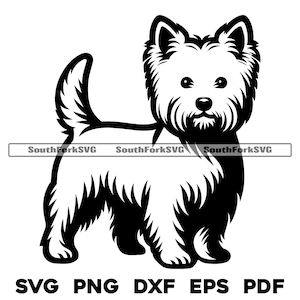 West Highland White Terrier hond staande svg png dxf eps pdf vectorafbeelding gesneden bestand laser clip art instant digitale download commercieel gebruik