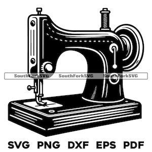 May include: Black and white illustration of a vintage sewing machine. The machine has a large spool on the top and a needle in the front.