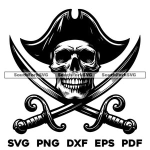Pirate Skull & Crossed Swords | svg png dxf eps pdf | vector graphic design cut print laser engrave files | digital download commercial use