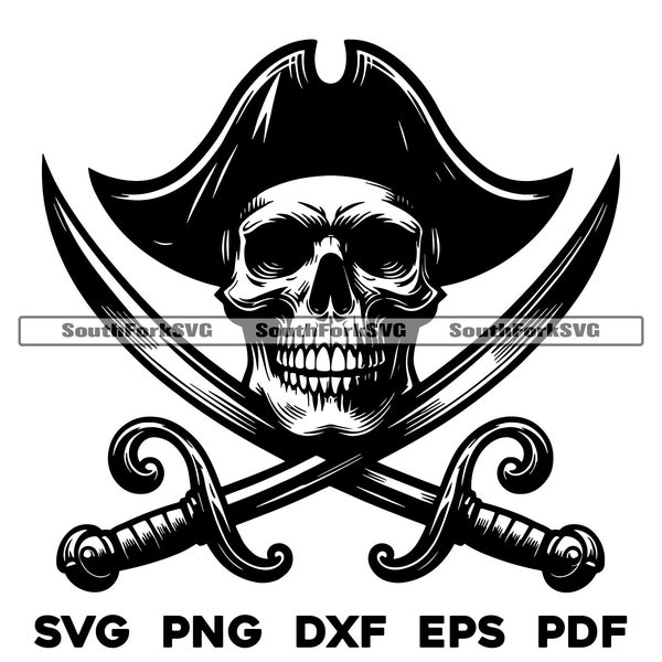 Pirate Skull & Crossed Swords | svg png dxf eps pdf | vector graphic design cut print laser engrave files | digital download commercial use