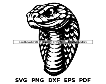 May include: Black and white illustration of a cobra snake with its head turned to the side. The snake has a detailed pattern of scales on its body.
