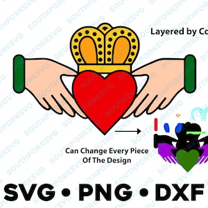 Claddagh Ierse SVG liefde vriendschap huwelijk geloof PNG DXF vector transparante cameo silhouet gesneden bestand met htv vinyl stickers