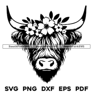 Blumenkrone Highland Kuh Kopf svg png dxf eps pdf | transparente Vektorgrafik Design Cut Print Dye sub Laser graviert Dateien Kommerzielle Nutzung