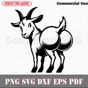 May include: Black and white line art illustration of a goat with a large, round rear end. The goat is facing the left side of the image and has a surprised expression on its face.