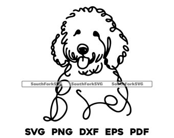 May include: A black and white line drawing of a dog with curly fur, tongue out, and the text "SVG PNG DXF EPS PDF" at the bottom. The dog is centered and the design is simple.