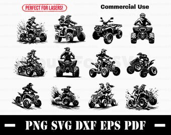 May include: A set of ten black and white illustrations of people riding ATVs. The illustrations are in a vintage style and feature various poses and angles.