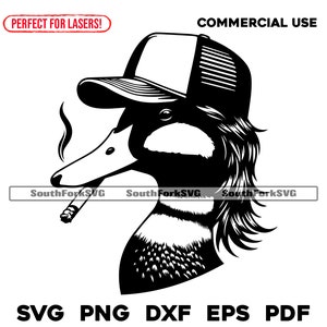 May include: Black and white illustration of a duck wearing a baseball cap and smoking a cigarette. The duck has long hair and a goatee. The text "PERFECT FOR LASERS!" and "COMMERCIAL USE" is visible in the image.