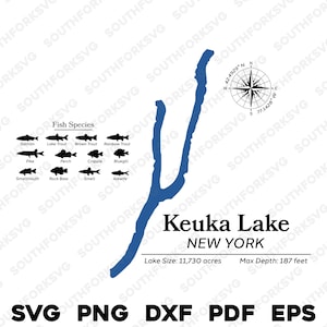 Keuka Lake New York Kartendaten, Fischarten | Laserfertiger CNC-Druck Dye Sub | svg png dxf eps pdf | Sofort Download Kommerzielle Nutzung