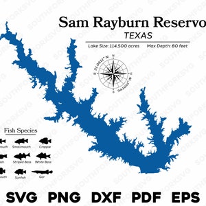 Sam Rayburn Reservoir Texas Kaartgegevens Vissoorten | Klaar voor lasersnijden CNC-kleurstofsubstraat | svg png dxf eps pdf | Directe download voor commercieel gebruik