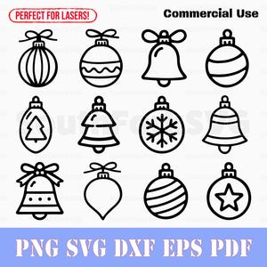 Puede incluir: Un conjunto de 12 ilustraciones de adornos navideños en blanco y negro. Los adornos incluyen campanas, copos de nieve, estrellas y bolas rayadas y sólidas.