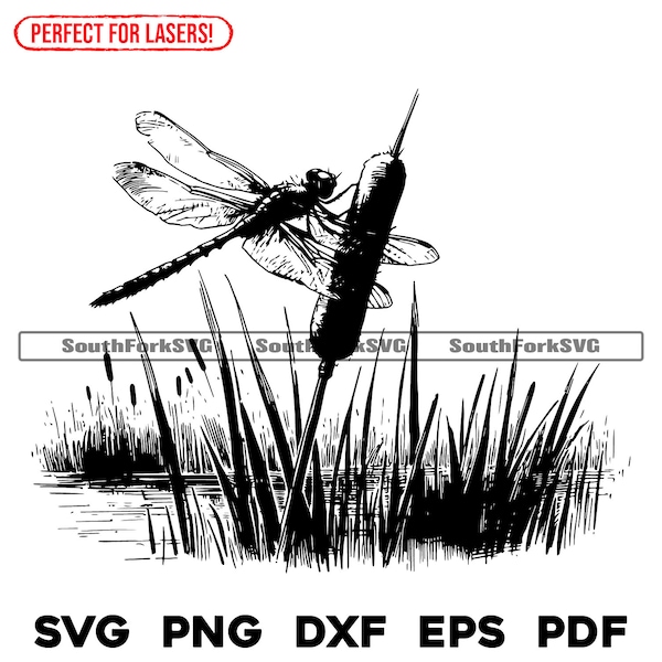 Dragonfly Cattail Scene Laser Engrave Files svg png dxf eps pdf vector graphic design cut print dye sub cnc digital files commercial use