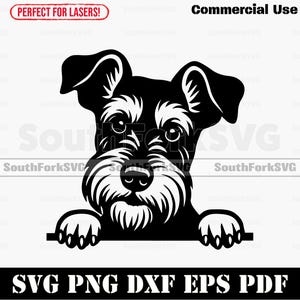 Puede incluir: Gráfico en blanco y negro de un perro Schnauzer con el texto "SVG PNG DXF EPS PDF". La imagen también incluye el texto "Commercial Use" y "SouthForkSVG".