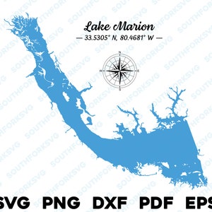 Lake Marion Carolina del Sur Mapa Forma Silueta svg png dxf pdf eps vector diseño gráfico corte grabado archivo láser imagen barco lago casa
