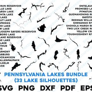 33 lacs de Pennsylvanie Mega Bundle Silhouette contour forme svg png dxf pdf eps conception graphique vectorielle coupe graver fichier laser maison du lac