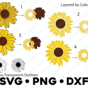 Peut inclure: Un fichier de découpe SVG en couches représentant un tournesol avec un centre brun et des pétales jaunes. Le motif est présenté en quatre couches, avec les pétales, le centre et l'arrière-plan séparés. Le motif comprend également deux contours transparents supplémentaires.