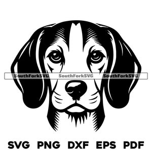 Puede incluir: Ilustración en blanco y negro de la cabeza de un Beagle. El perro tiene orejas caídas y un hocico largo.