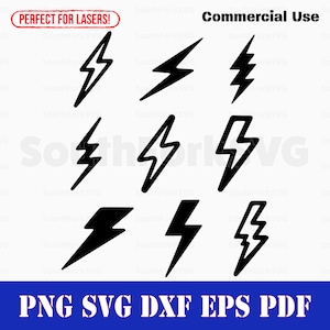 May include: Set of nine black lightning bolt icons. The icons are in various sizes and angles. The icons are ideal for use in digital or print projects.