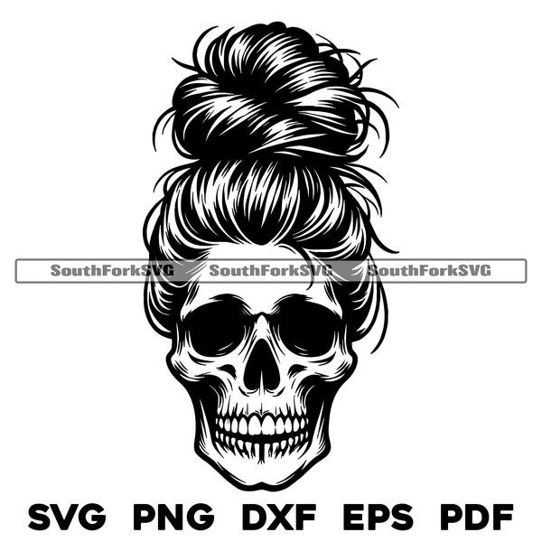 Messy Hair Bun Skull Design | svg png dxf eps pdf | vector graphic design cut print laser engrave files | digital download commercial use