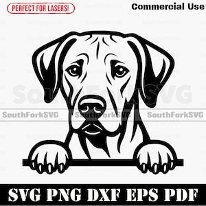 Puede incluir: Gráfico en blanco y negro de la cara y las patas de un perro, con el texto "SVG PNG DXF EPS PDF". La imagen también incluye el texto "Commercial Use" y "SouthForkSVG".