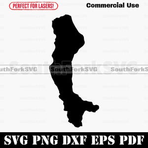 Puede incluir: Una silueta negra de una masa de tierra, posiblemente una costa o isla, sobre un fondo blanco. La imagen incluye el texto "Commercial Use" y "SVG PNG DXF EPS PDF". También está presente el texto "PERFECT FOR LASERS!".
