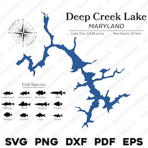 Deep Creek Lake Maryland Map Data, Fish Species | Laser Ready CNC Print Dye Sub | svg png dxf eps pdf | Instant Download Commercial Use