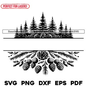 May include: Black and white silhouette of a forest with pine trees. The trees are arranged in a row with the tallest tree in the center. The image is perfect for laser cutting.