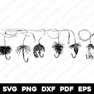 Könnte beinhalten: Eine Schwarzweiß-Zeichnung von sechs Fliegen mit Federn und Haken.