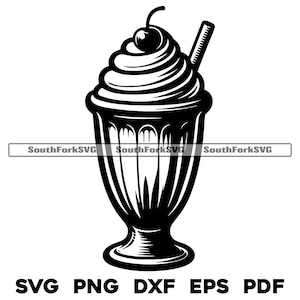 Pode incluir: Ilustração em preto e branco de um milkshake com uma cereja no topo e um canudo. O milkshake está em um copo alto com fundo arredondado e base larga.