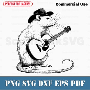 May include: A black and white line drawing of a rat wearing a cowboy hat and playing a guitar. The rat is sitting on its haunches with its tail curled behind it.