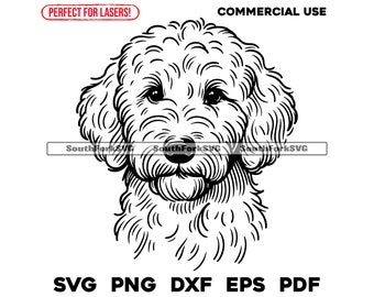 May include: Black and white line art illustration of a poodle dog's head. The dog has curly fur and is looking directly at the viewer.
