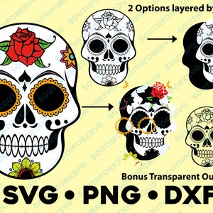 Sugar Skull SVG PNG DXF Layered By color  Silhouette cameo graphic sublimation vector cartoon clip art scary skeleton day of the dead