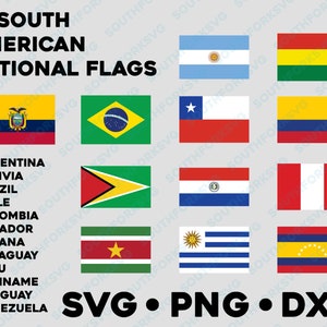 May include: A set of 12 South American national flags, each flag is a different color and design. The flags are arranged in a grid pattern. The text "12 South American National Flags" is at the top of the image. The text "SVG • PNG • DXF" is at the bottom of the image.