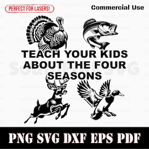 Insegna ai tuoi bambini la caccia nelle quattro stagioni in formato SVG, PNG, DXF, EPS, PDF / grafica vettoriale, design, taglio, stampa, incisione laser a sublimazione, uso commerciale