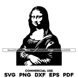 Puede incluir: Silueta en blanco y negro de la Mona Lisa, una famosa pintura de Leonardo da Vinci. El sujeto es una mujer con una sonrisa suave y las manos cruzadas frente a ella.