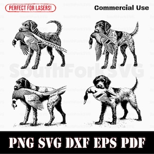 Puede incluir: Ilustración en blanco y negro de cuatro perros de caza. Dos perros llevan un faisán y dos perros llevan un pato. Los perros están de pie.