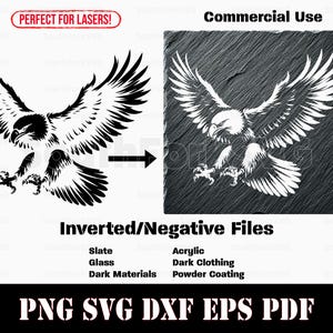 May include: Black and white silhouette of an eagle with wings spread, perfect for laser cutting. The image is shown on a white background and a dark slate background.