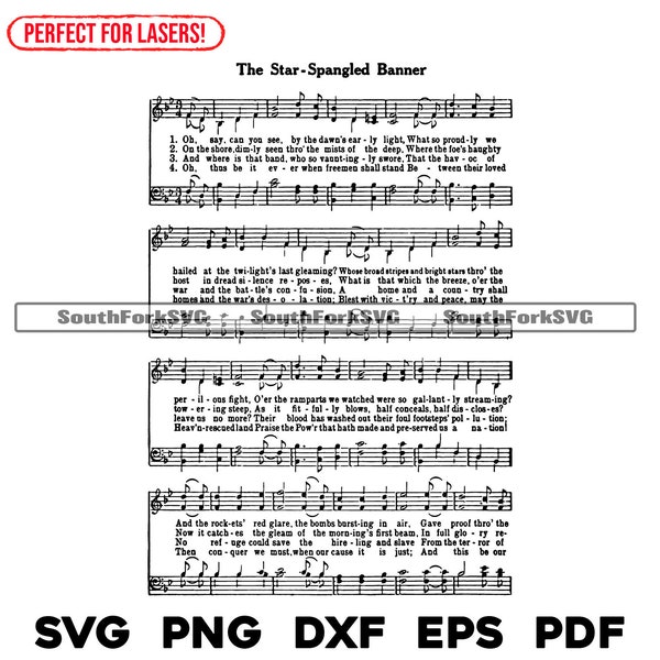 The Star Spangled Banner Sheet Music svg png dxf eps pdf laser engrave files graphic design digital download commercial use