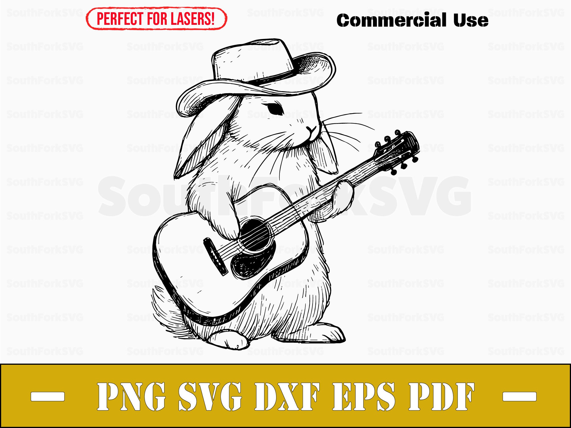 Rabbit Playing Acoustic Guitar Svg Png Dxf Eps Pdf Laser Engrave Cut ...