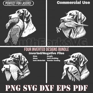 Op de afbeelding: Vier zwart-wit illustraties van een hond die een vogel in zijn bek draagt. De tekst "PERFECT FOR LASERS!" en "Commercial Use" staat bovenaan de afbeelding. De tekst "FOUR INVERTED DESIGNS BUNDLE" en "Inverted/Negative Files" staat in het midden van de afbeelding. De tekst "Slate, Glass, Dark Materials" en "Acrylic, Dark Clothing, Powder Coating" staat onder de tekst "Inverted/Negative Files". De tekst "PNG SVG DXF EPS PDF" staat onderaan de afbeelding.