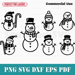 May include: Set of seven black and white snowman illustrations. Each snowman has a different hat and scarf. The text "PERFECT FOR LASERS!" and "Commercial Use" is included in the image.