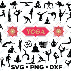 50 Yoga Designs Bundle SVG PNG DXF Digital Vector Graphic Design Cut File Lotus Om Buddha Healthy Meditate Mindfulness