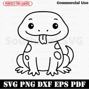 May include: A black and white cartoon illustration of a smiling frog with its tongue sticking out. The frog has spots on its body and is sitting down. The image includes the text "Commercial Use" and "SVG PNG DXF EPS PDF".