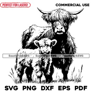 Highland vache mère & bébé fichiers de gravure laser svg png dxf eps pdf | Conception graphique vectorielle impression découpée fichier numérique cnc sub cnc utilisation commerciale