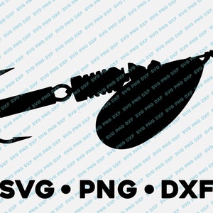 May include: Black silhouette of a fishing lure with three hooks and a swivel. The lure is shaped like a spoon with a textured body. The text "SVG.PNG.DXF" is below the lure.