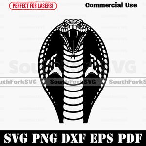 May include: A black and white cobra design with its hood flared, fangs bared, and mouth open. The image includes the text "Commercial Use" and "SVG PNG DXF EPS PDF". The design is labeled "Perfect for Lasers!"